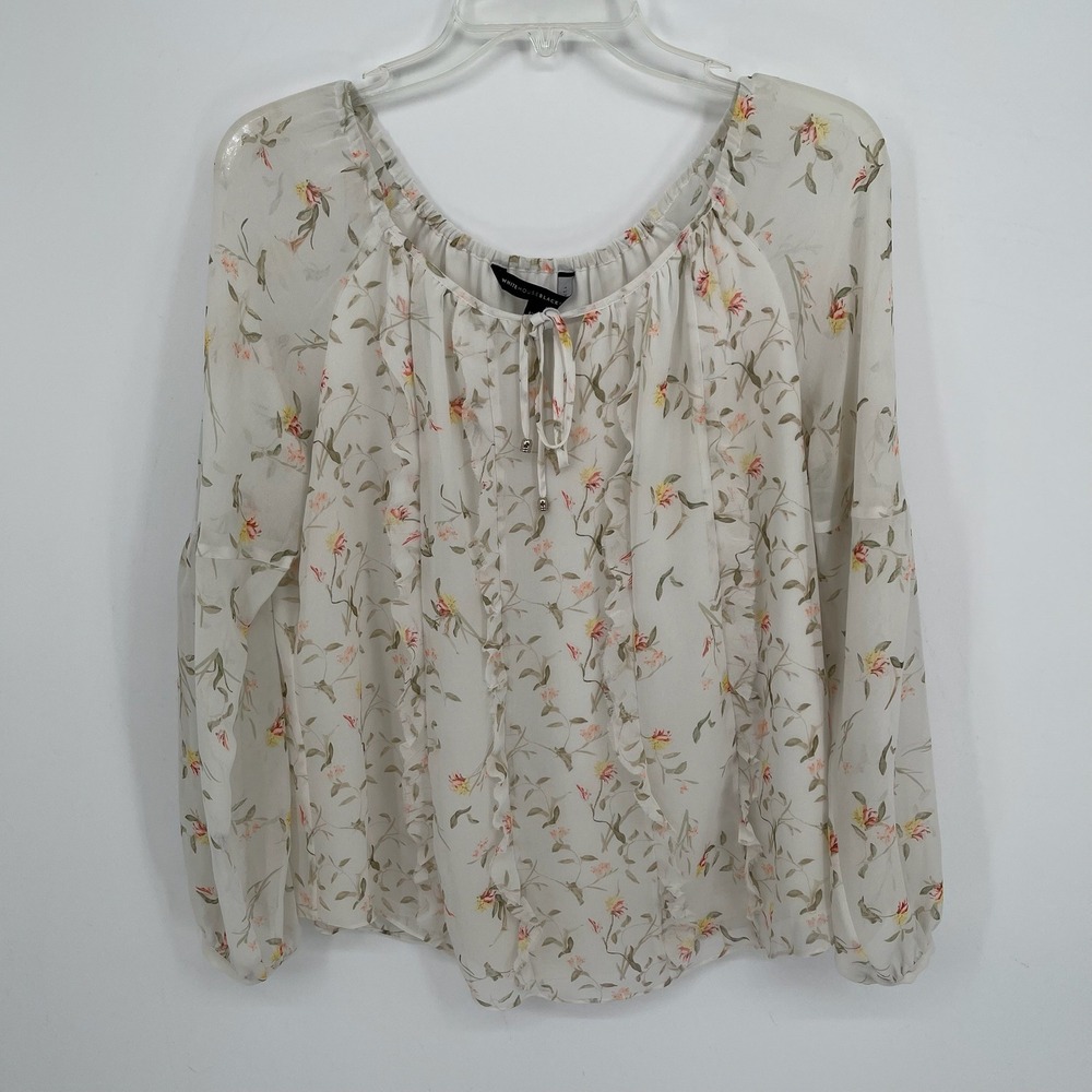 White House Black Market Women's White Floral Ruffle Chiffon Boho Top Size 12P
